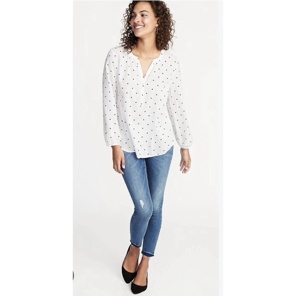 Split Crewneck Polka Dot Blouse Sz L Tall Textured White Black Peasant